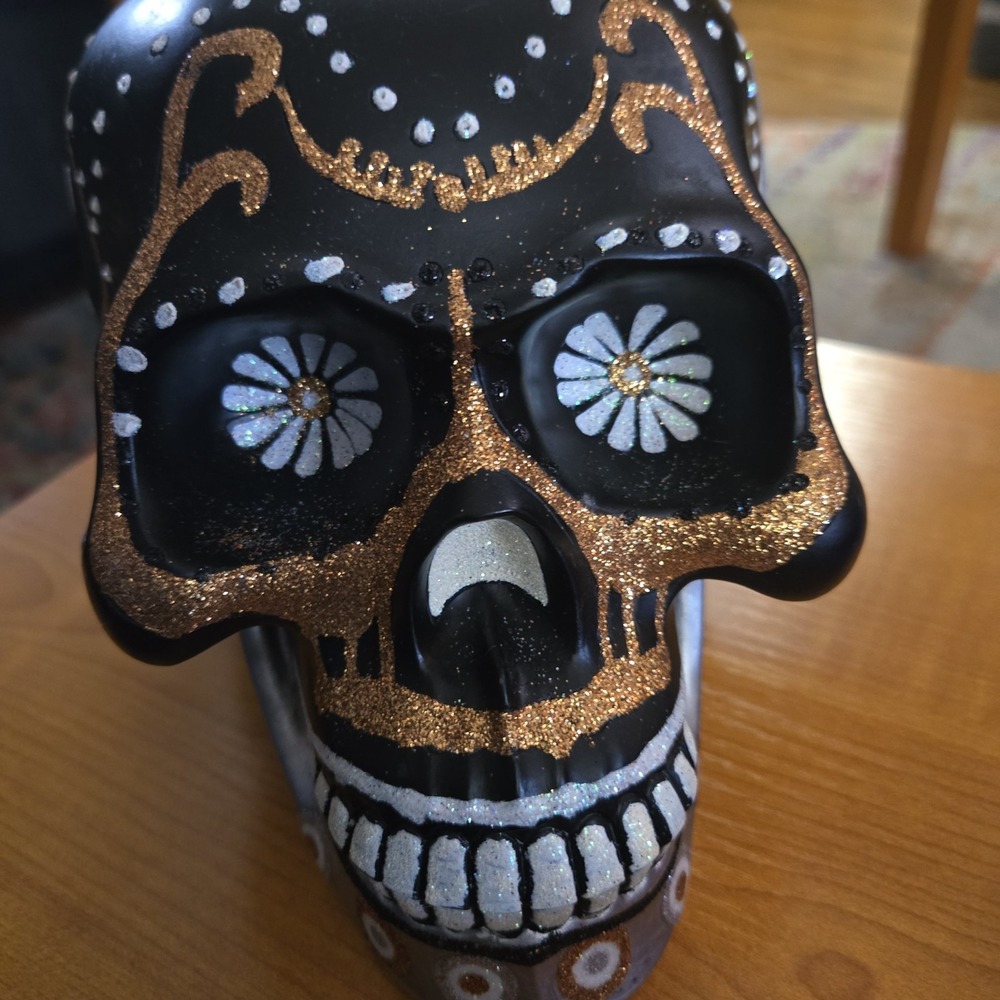 Christopher Radko 2014 Sugar Skull Black Gold Glitter Dia de los Muertos Deco